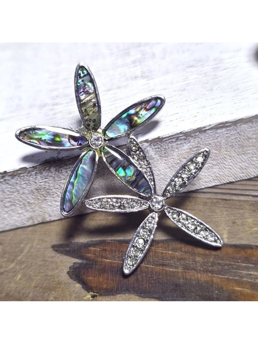 CZ Crystal Flowers Paua Abalone Shell Silver Rhodium Plate Brooch Sweater Pin